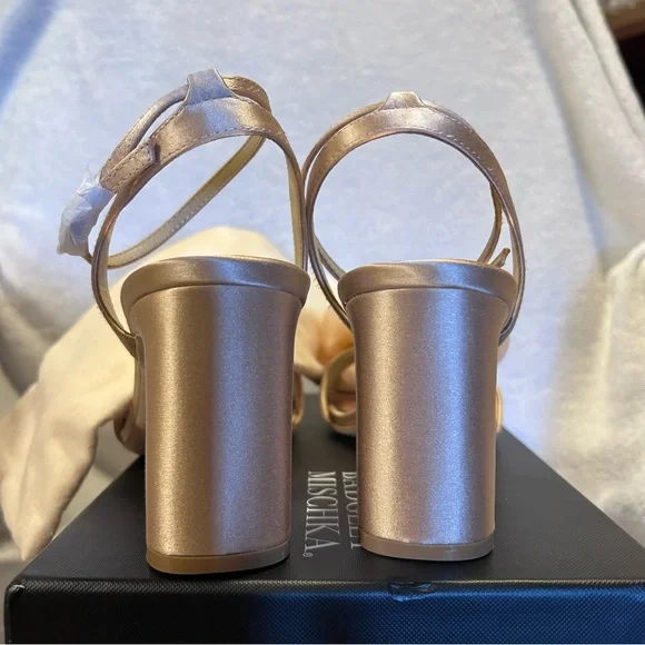 BADGLEY MISCHKA Carli Satin Tulle Rose Ankle-Strap Sandals in Blush Nude Sz 10 - Picture 14 of 15